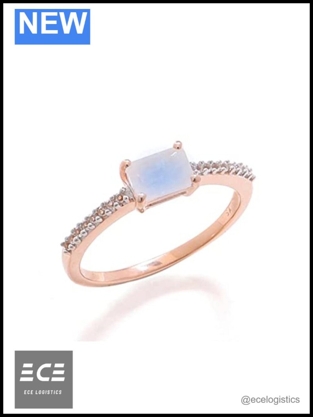 10K Rose Gold Promise Ring Rainbow Moonstone White Topaz Gemstone Jewelry